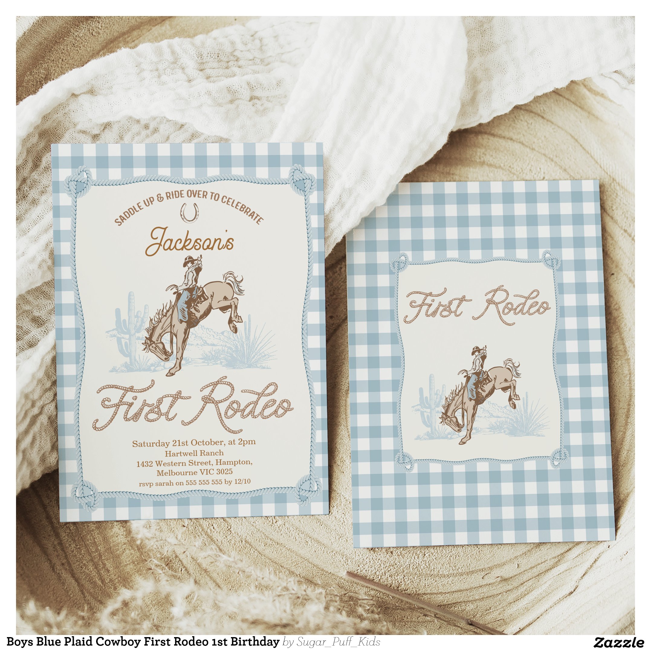 Boys Blue Plaid Cowboy First Rodeo 1st Birthday Invitation