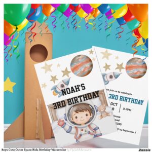 Boys Cute Outer Space Kids Birthday Watercolor Invitation