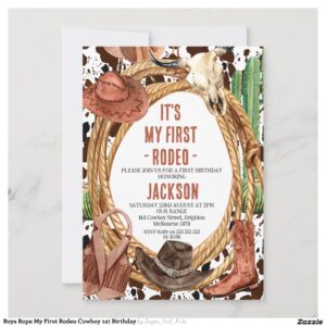 Boys Rope My First Rodeo Cowboy 1st Birthday Invitation
