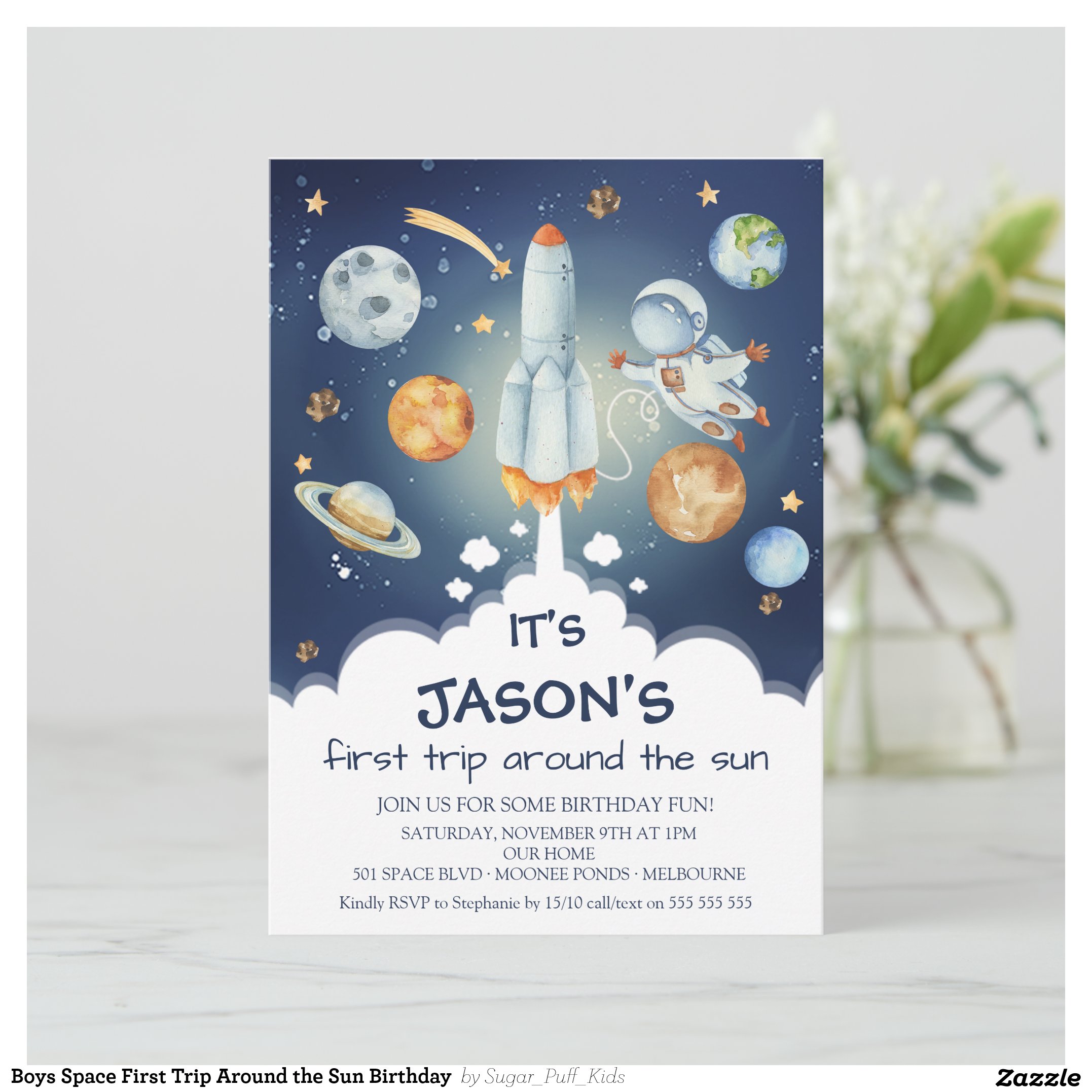 Boys Space First Trip Around the Sun Birthday Invitation