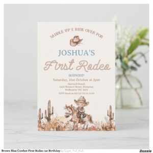 Brown Blue Cowbot First Rodeo 1st Birthday Invitation