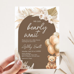 Brown Boho Bear Balloon Baby Shower Invitation