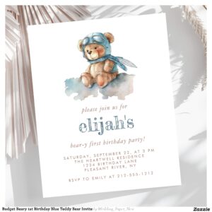 Budget Beary 1st Birthday Blue Teddy Bear Invite