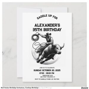 Bull Rodeo Birthday Invitation, Cowboy Birthday Invitation