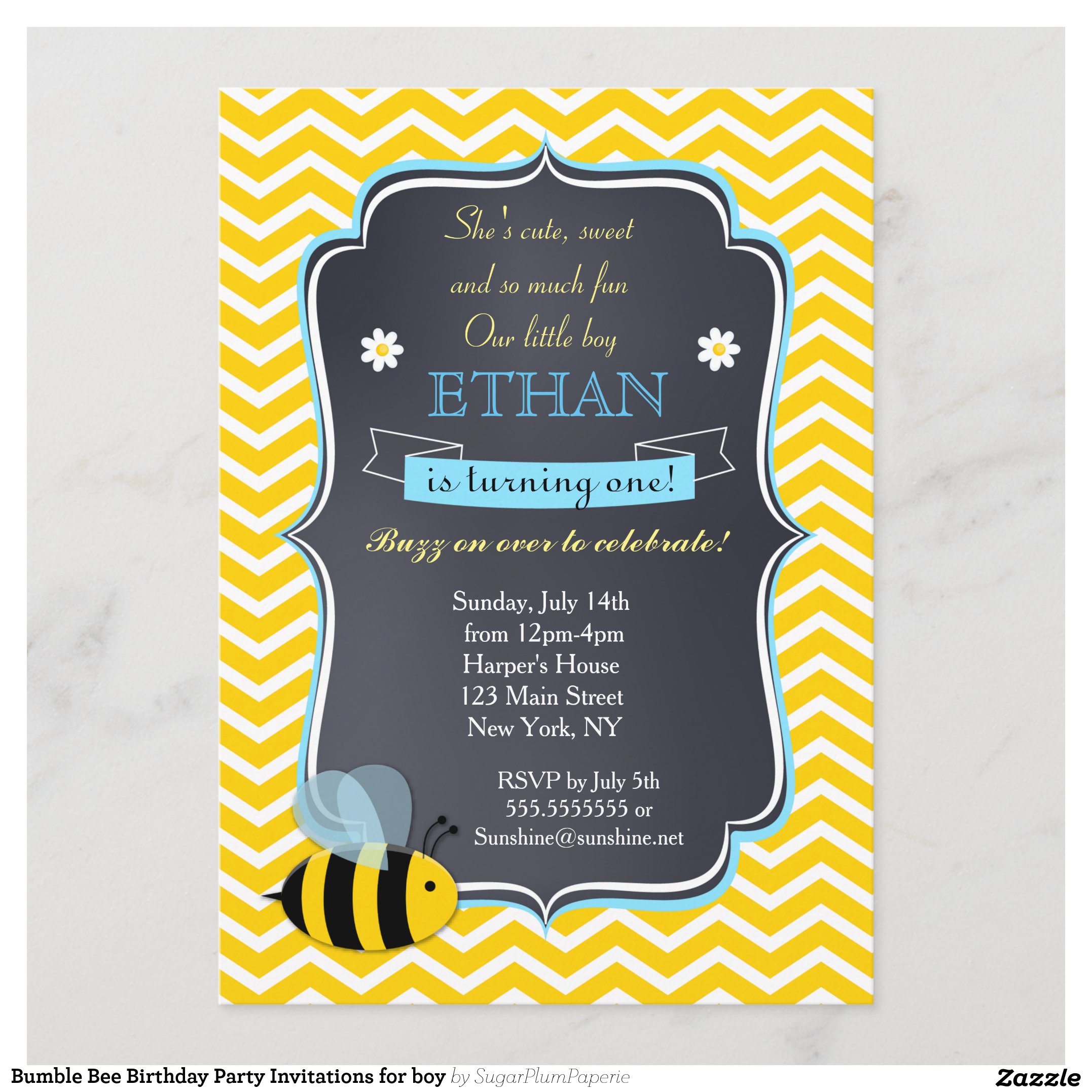 Bumble Bee Birthday Party Invitations for boy