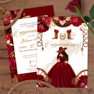 Burgundy Gold Western Charro 2-Sided Quinceanera Invitation