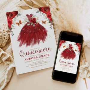 Burgundy Red Flower Quincea?era Princess Dress Invitation