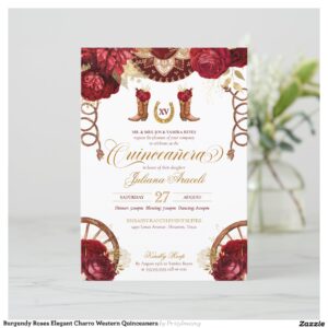 Burgundy Roses Elegant Charro Western Quinceanera Invitation