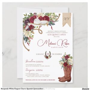 Burgundy White Elegant Charro Spanish Quincea?era Invitation