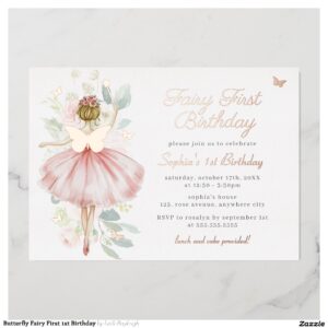 Butterfly Fairy First 1st Birthday Foil Invitation