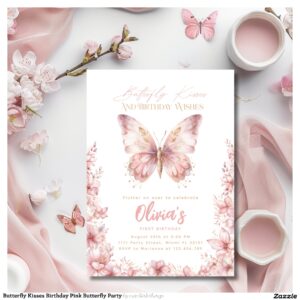 Butterfly Kisses Birthday Pink Butterfly Party Invitation