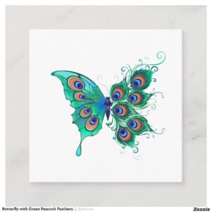 Butterfly with Green Peacock Feathers Enclosure Card