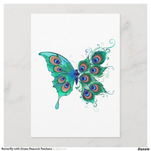 Butterfly with Green Peacock Feathers Enclosure Card