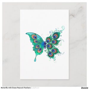 Butterfly with Green Peacock Feathers Enclosure Card