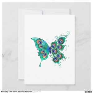 Butterfly with Green Peacock Feathers Invitation