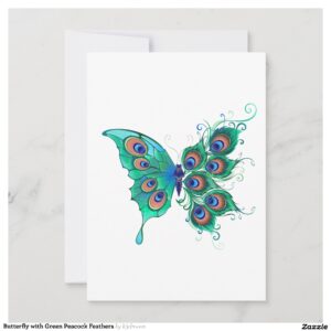 Butterfly with Green Peacock Feathers Invitation