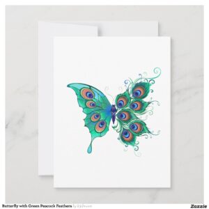 Butterfly with Green Peacock Feathers RSVP Card