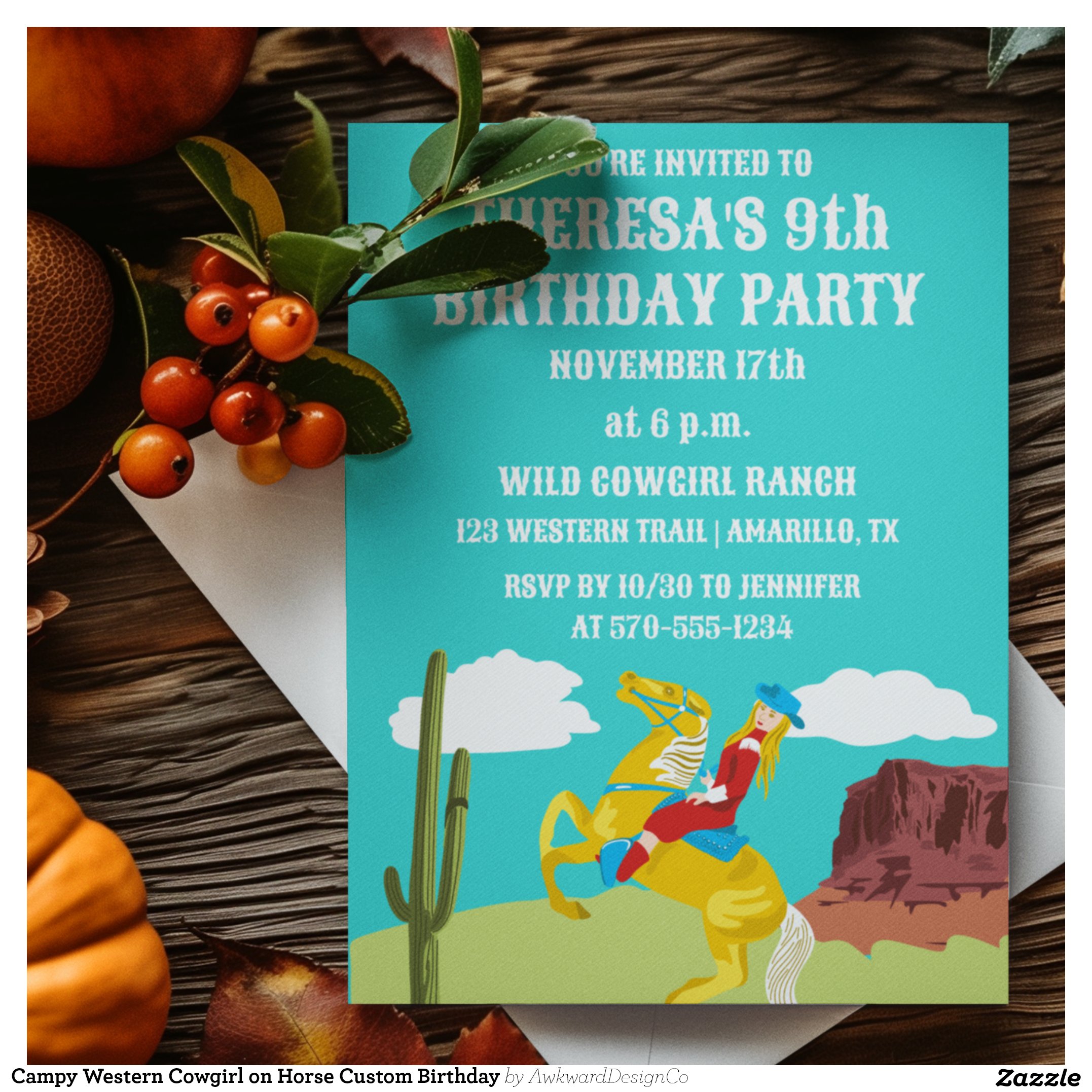 Campy Western Cowgirl on Horse Custom Birthday Invitation