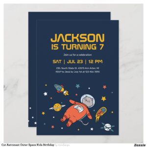 Cat Astronaut Outer Space Kids Birthday Invitation
