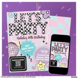 Checkered Retro Groovy Disco Let's Party Birthday Invitation