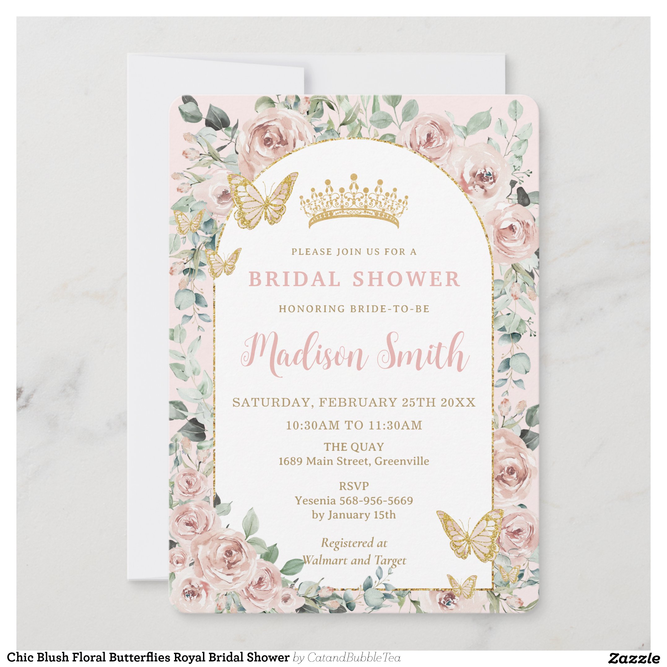 Chic Blush Floral Butterflies Royal Bridal Shower Invitation