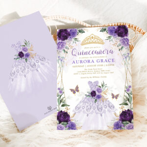 Chic Quincea?era Princess Dress Purple Floral Invitation