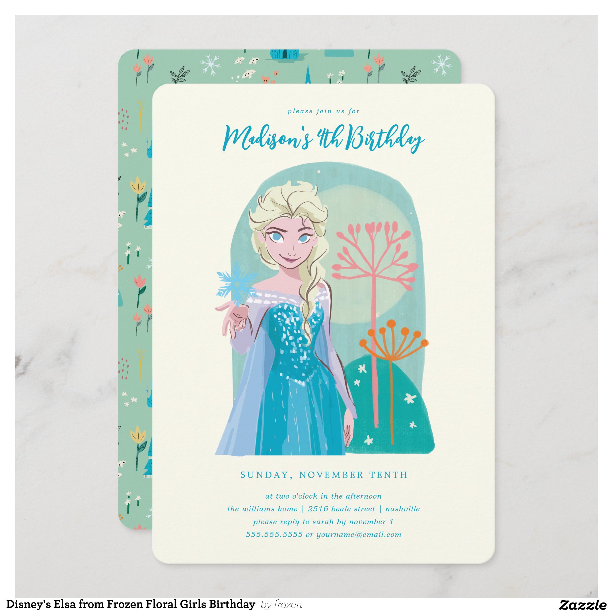 Disney's Elsa from Frozen Floral Girls Birthday Invitation