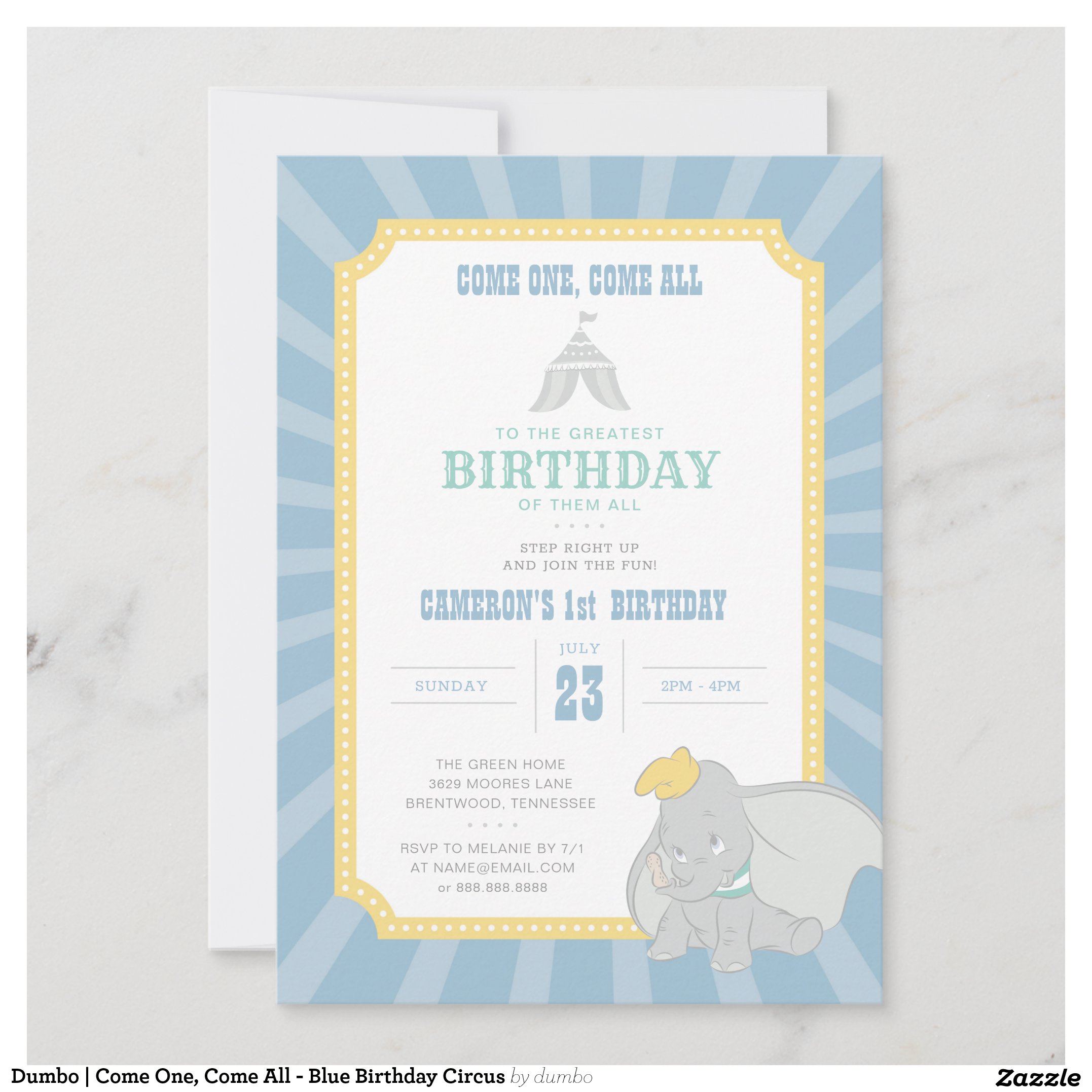 Dumbo Come One, Come All - Blue Birthday Circus Invitation