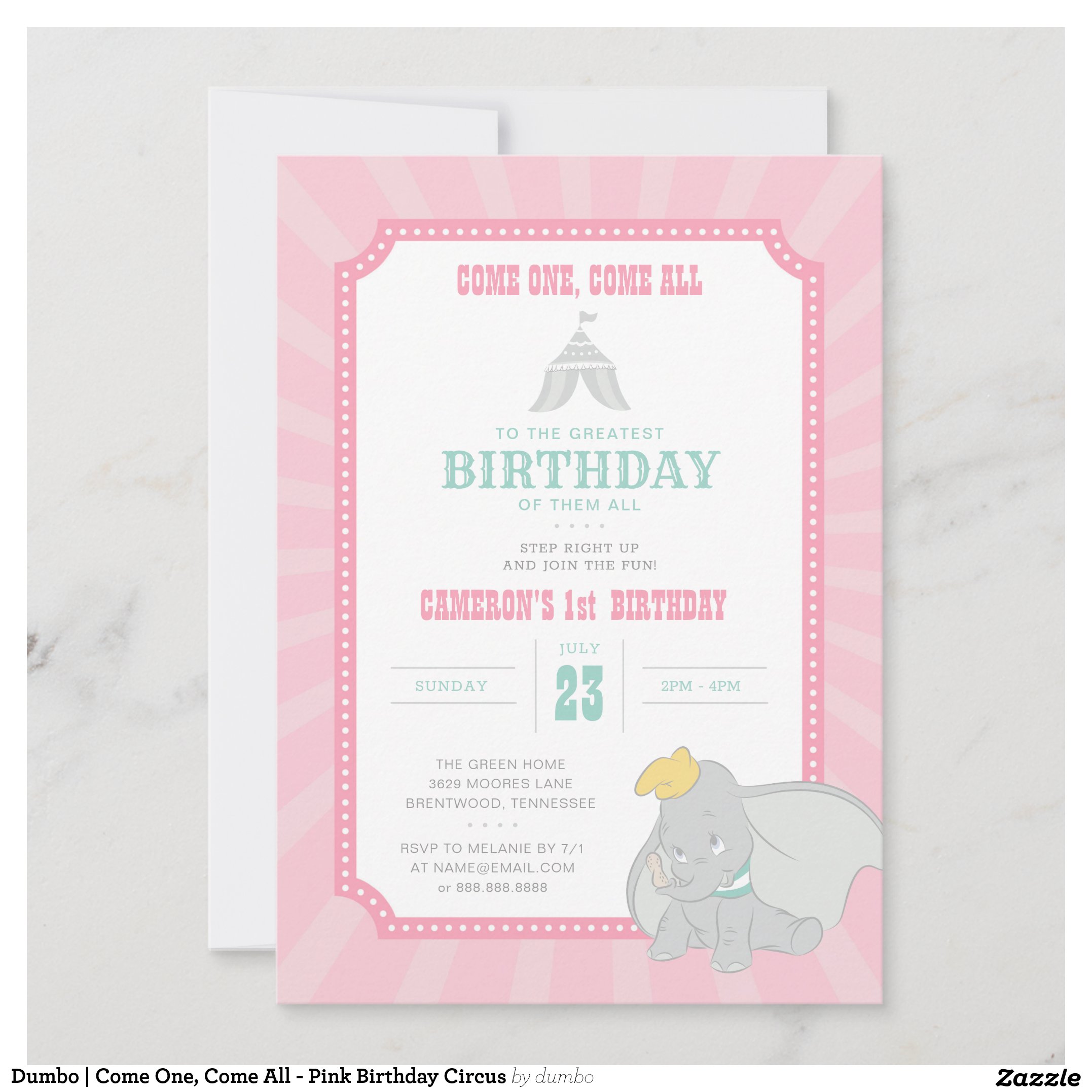 Dumbo Come One, Come All - Pink Birthday Circus Invitation