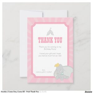 Dumbo Come One, Come All - Pink Thank You Invitation