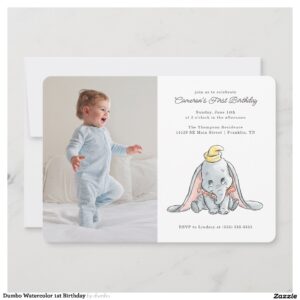 Dumbo Watercolor 1st Birthday Invitation