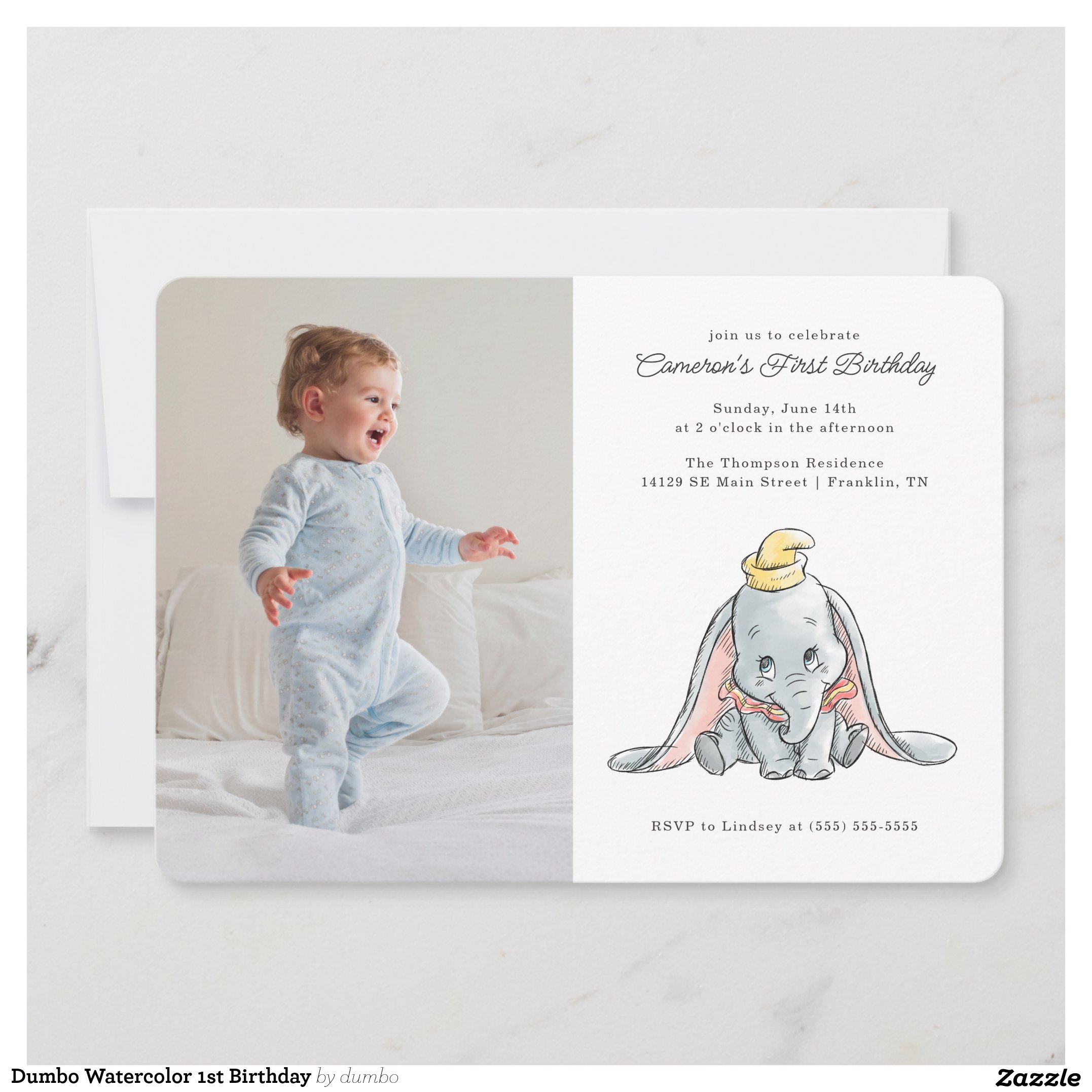 Dumbo Watercolor 1st Birthday Invitation