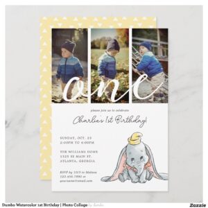 Dumbo Watercolor 1st Birthday Photo Collage Invitation