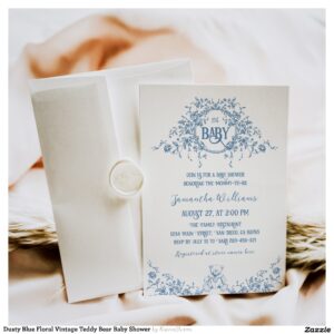 Dusty Blue Floral Vintage Teddy Bear Baby Shower Invitation