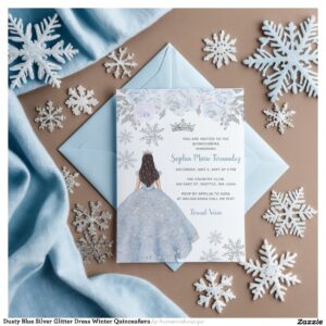 Dusty Blue Silver Glitter Dress Winter Quincea?era Invitation
