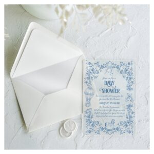 Dusty Blue Toile Floral Bow Baby Boy Shower Acrylic Invitations