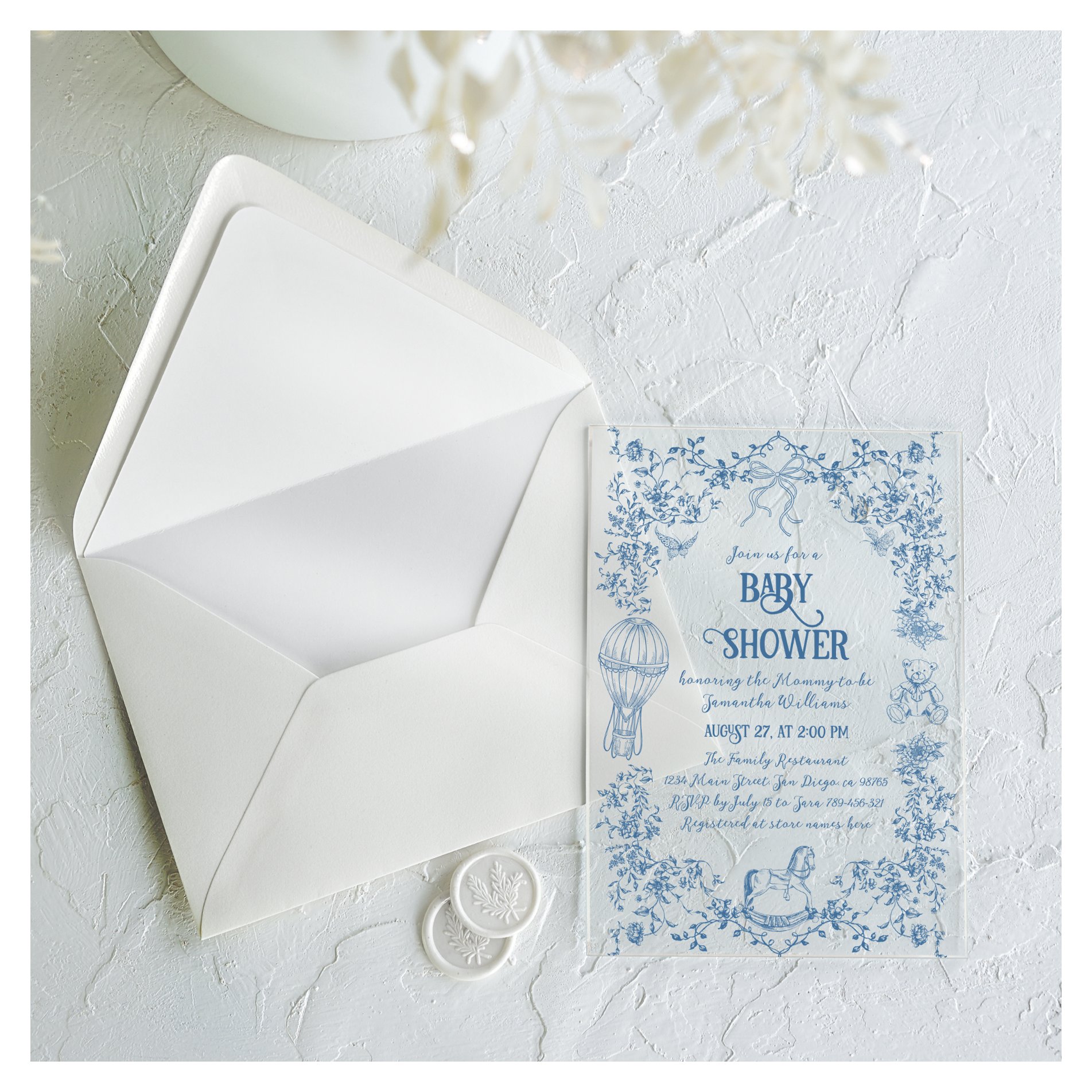 Dusty Blue Toile Floral Bow Baby Boy Shower Acrylic Invitations