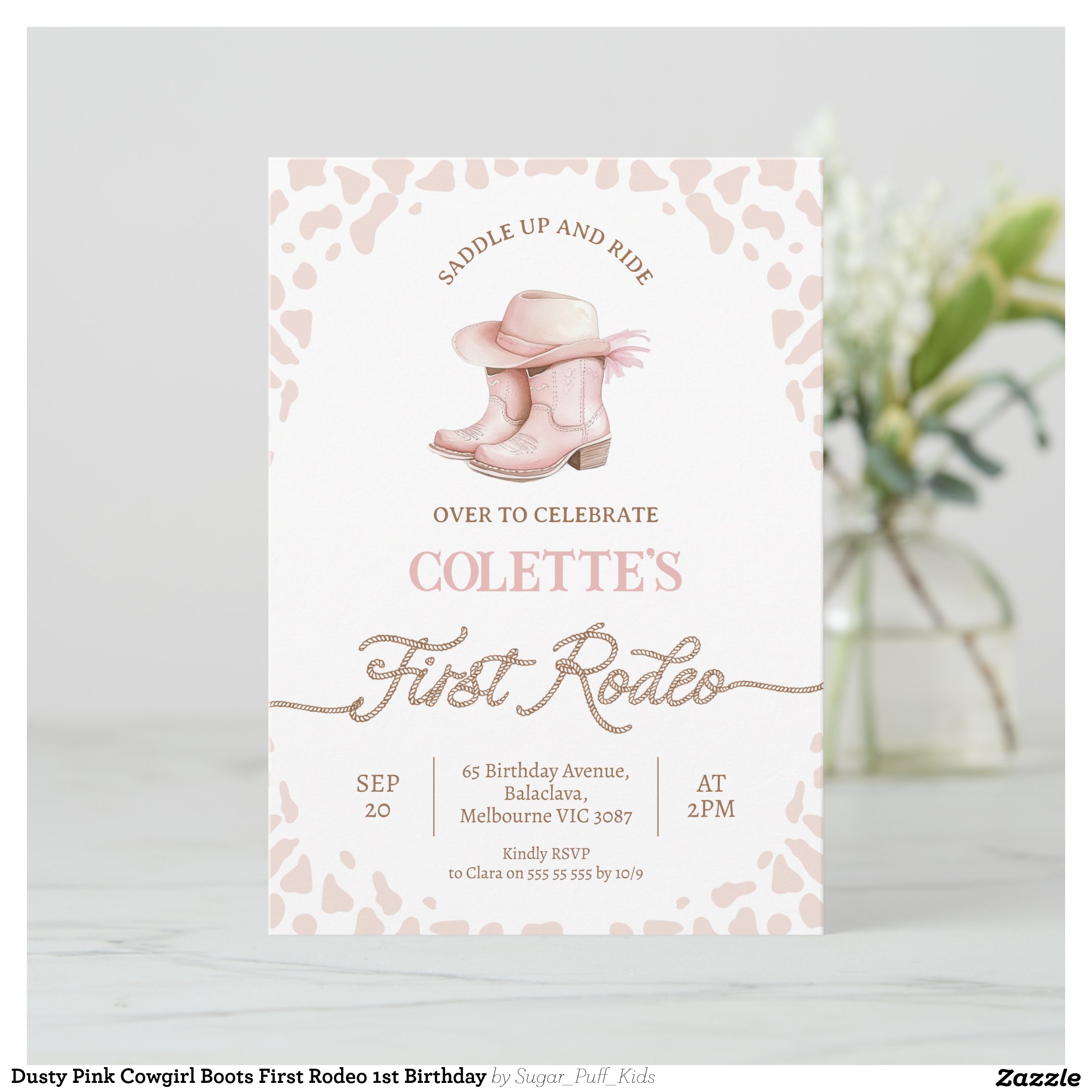 Dusty Pink Cowgirl Boots First Rodeo 1st Birthday Invitation