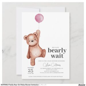 EDITABLE Teddy Bear Girl Baby Shower Invitation
