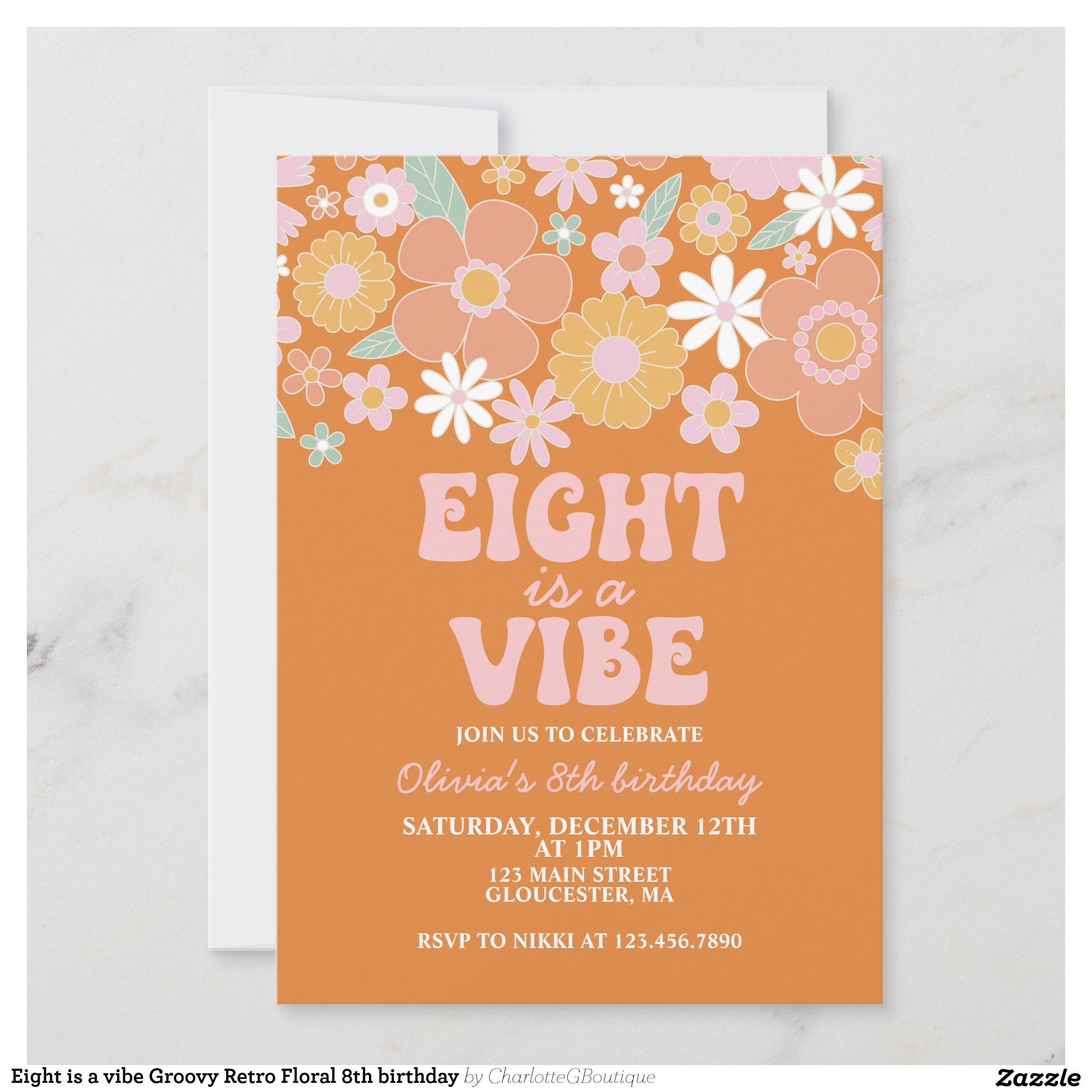 Eight is a vibe Groovy Retro Floral 8th birthday Invitation