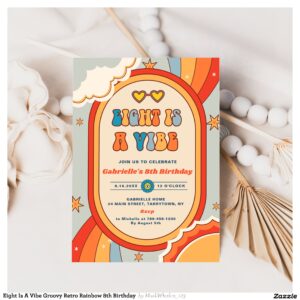 Eight Is A Vibe Groovy Retro Rainbow 8th Birthday Invitation