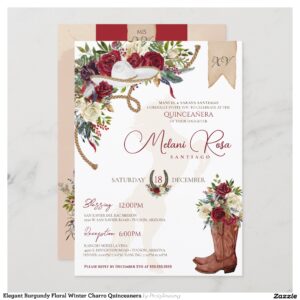 Elegant Burgundy Floral Winter Charro Quinceanera Invitation