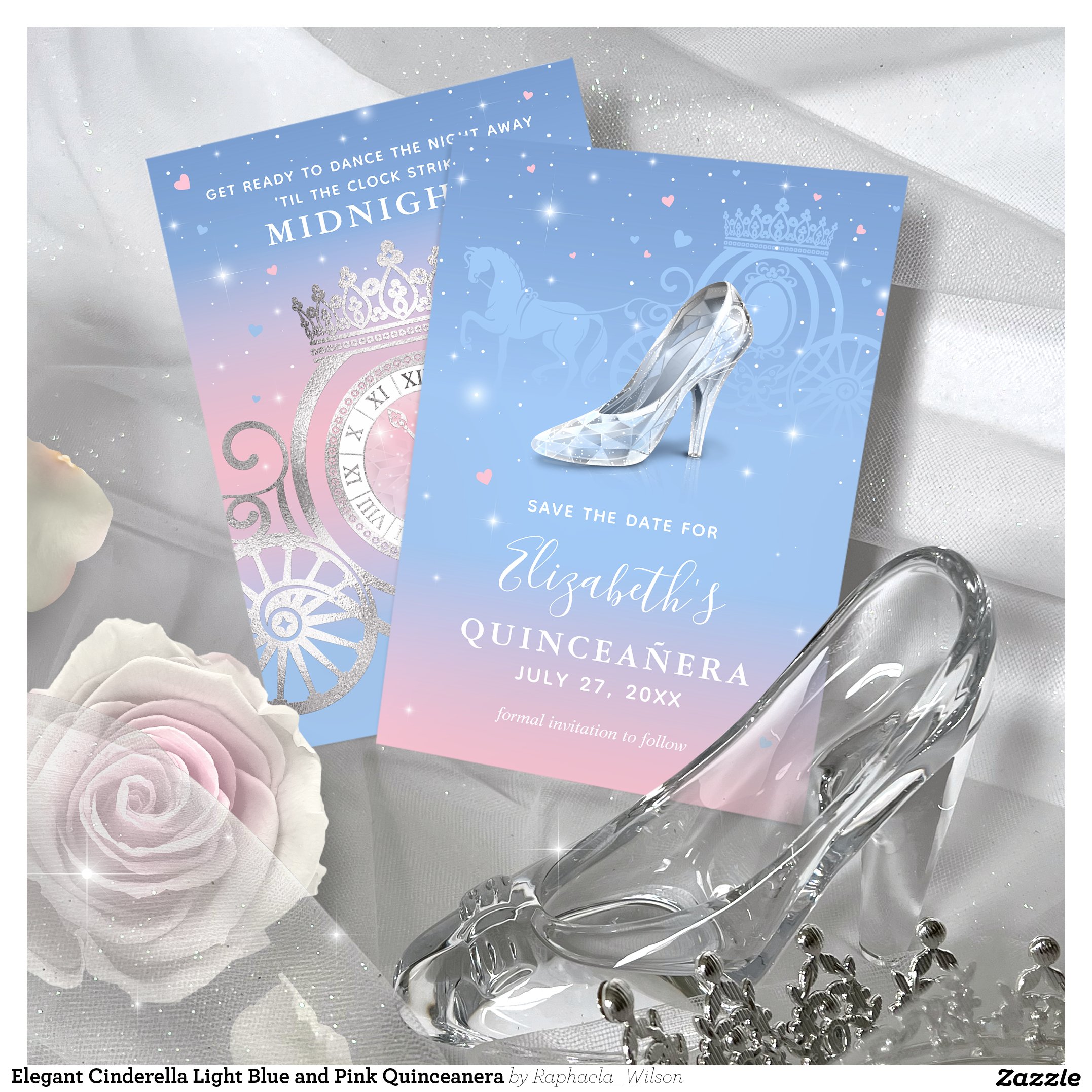 Elegant Cinderella Light Blue and Pink Quinceanera Save The Date
