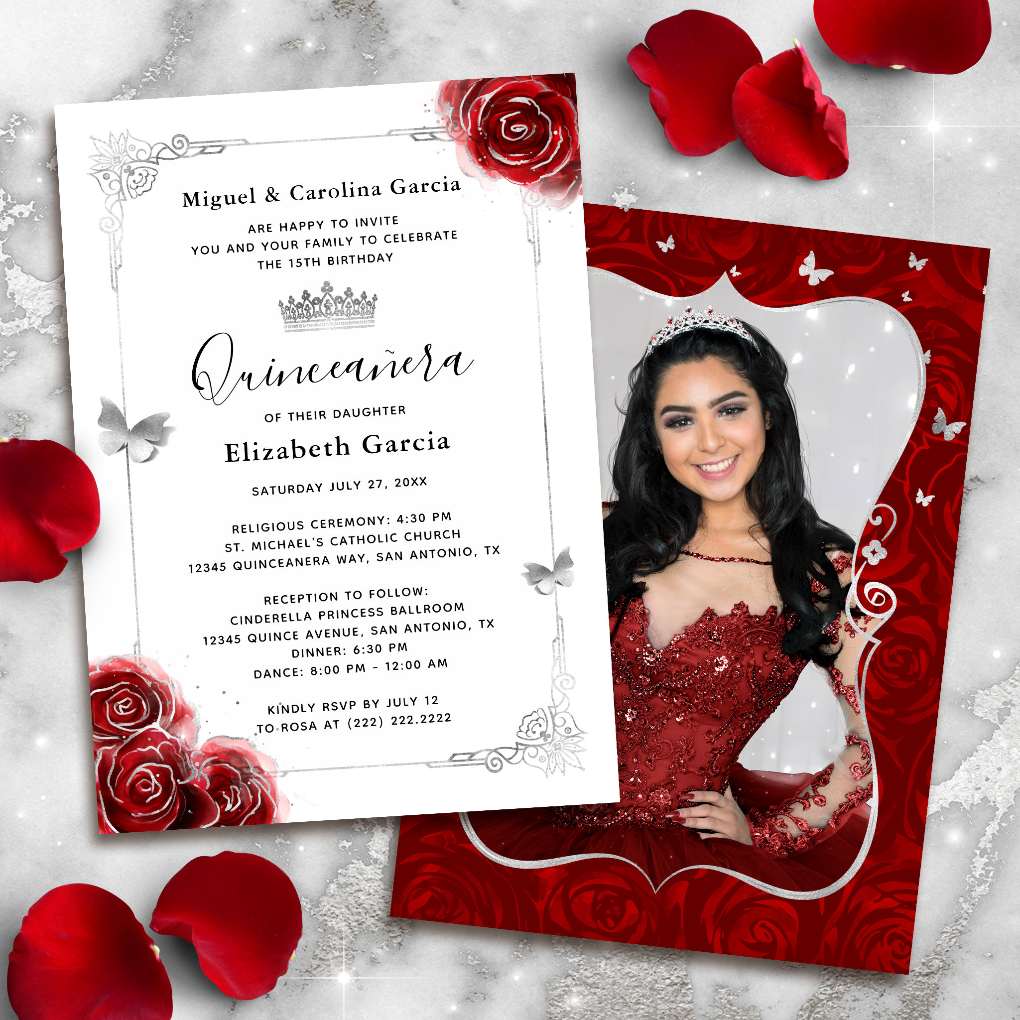 Elegant Floral Silver and Red Quinceanera Photo Invitation