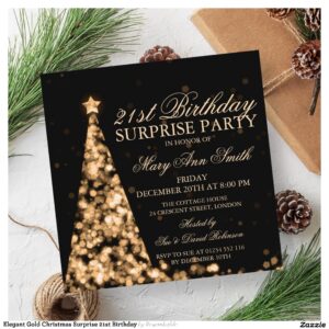 Elegant Gold Christmas Surprise 21st Birthday Invitation