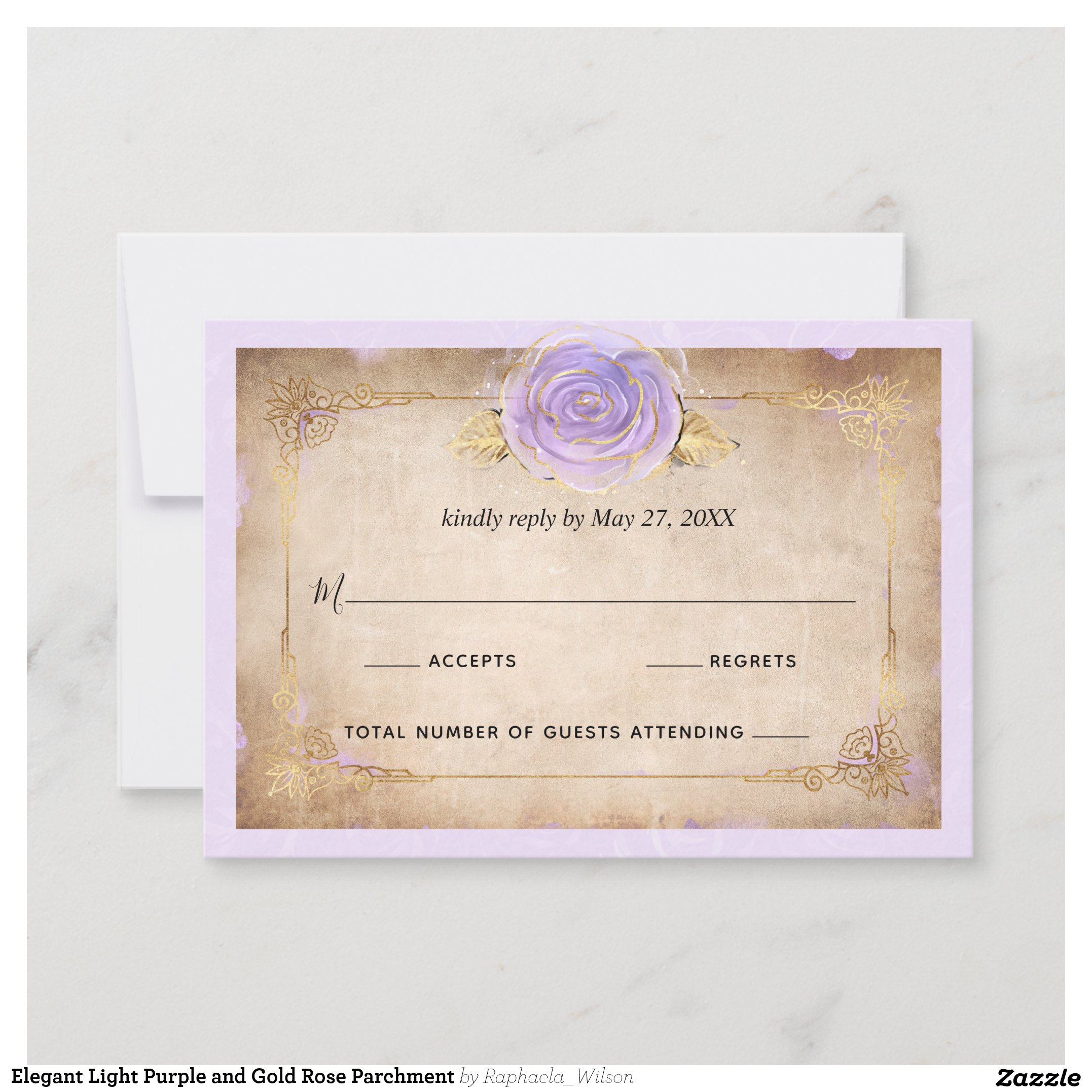 Elegant Light Purple and Gold Rose Parchment RSVP Card