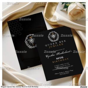 Elegant Queen Bee Jubilee Black & Gold Birthday Invitation