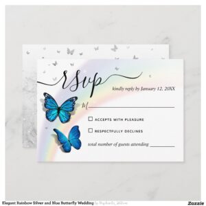 Elegant Rainbow Silver and Blue Butterfly Wedding RSVP Card