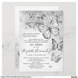 Elegant Silver Butterfly Spanish Quinceanera Invitation