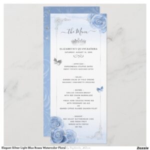 Elegant Silver Light Blue Roses Watercolor Floral Menu